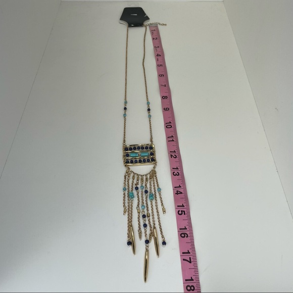 Long Beaded Statement Necklace Turquoise Color Gold Tone Jewelry Necklace - Picture 5 of 7